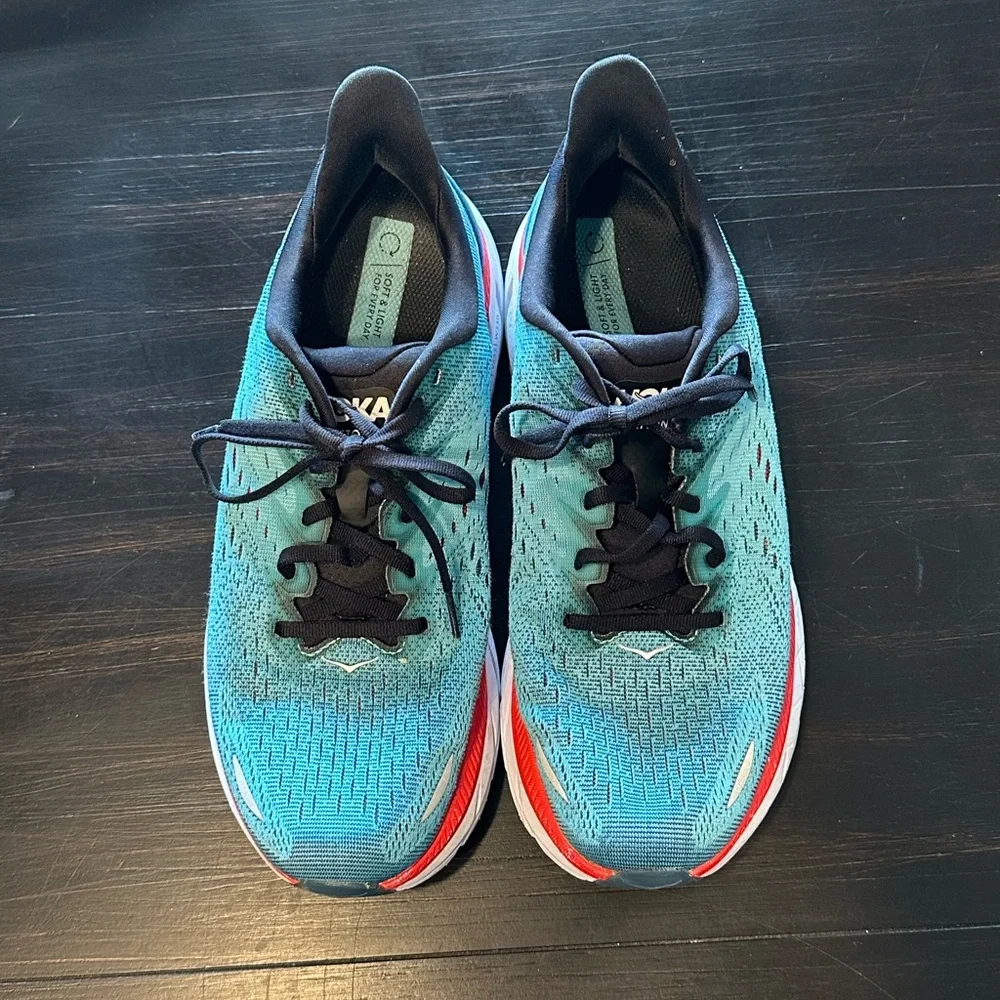 Hoka One One Clifton 8.5D Blue/Navy/Red Running Shoes - Picture 3 of 7